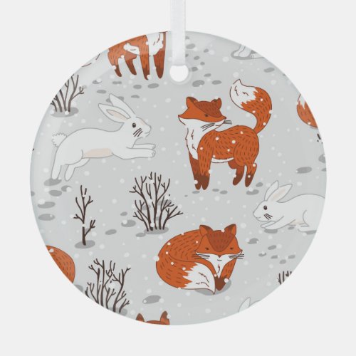 Winter Foxes Bunny Seamless Pattern Glass Ornament