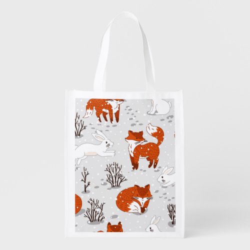 Winter Foxes Bunny Seamless Pattern Grocery Bag