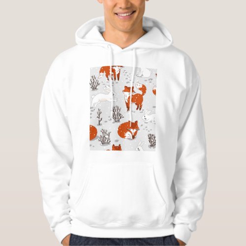 Winter Foxes Bunny Seamless Pattern Hoodie
