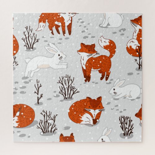 Winter Foxes Bunny Seamless Pattern Jigsaw Puzzle