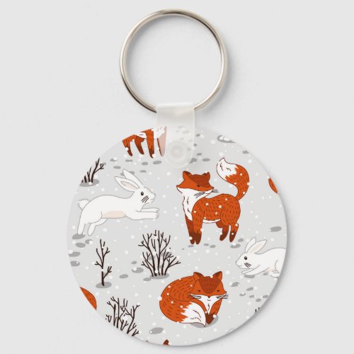 Winter Foxes Bunny Seamless Pattern Keychain