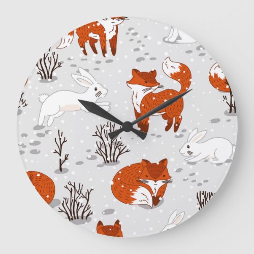 Winter Foxes Bunny Seamless Pattern Large Clock
