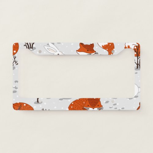 Winter Foxes Bunny Seamless Pattern License Plate Frame