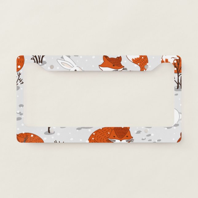 Winter Foxes Bunny Seamless Pattern License Plate Frame (Front)