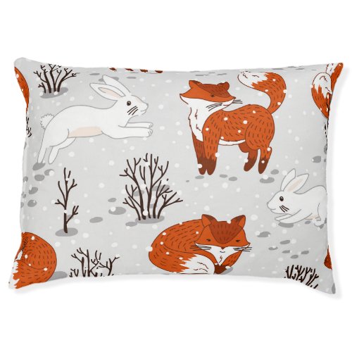 Winter Foxes Bunny Seamless Pattern Pet Bed