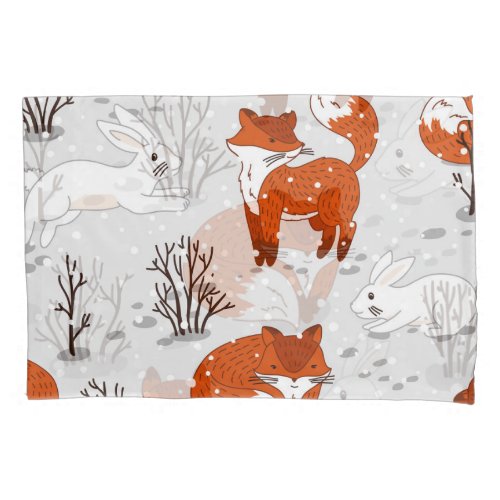 Winter Foxes Bunny Seamless Pattern Pillow Case