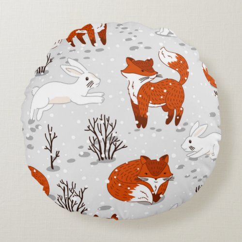 Winter Foxes Bunny Seamless Pattern Round Pillow