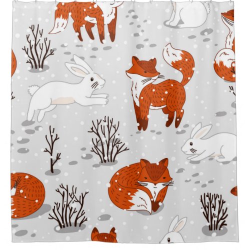 Winter Foxes Bunny Seamless Pattern Shower Curtain