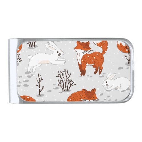 Winter Foxes Bunny Seamless Pattern Silver Finish Money Clip