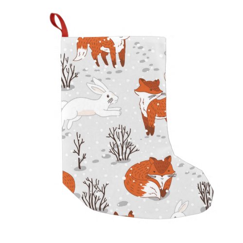 Winter Foxes Bunny Seamless Pattern Small Christmas Stocking