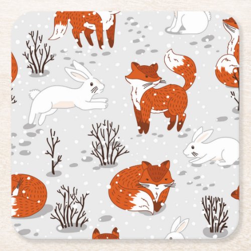 Winter Foxes Bunny Seamless Pattern Square Paper Coaster