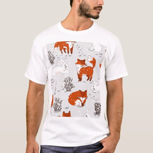Winter Foxes Bunny Seamless Pattern T_Shirt