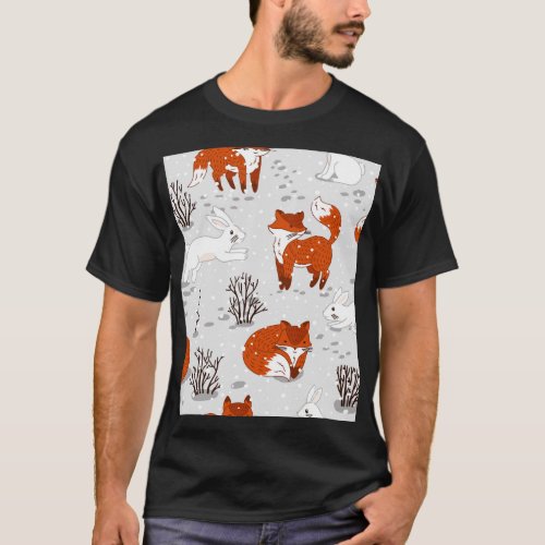 Winter Foxes Bunny Seamless Pattern T_Shirt