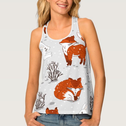 Winter Foxes Bunny Seamless Pattern Tank Top
