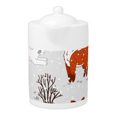 Winter Foxes Bunny Seamless Pattern Teapot