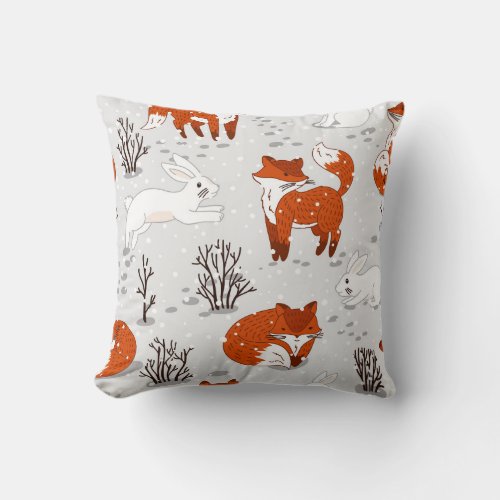 Winter Foxes Bunny Seamless Pattern Throw Pillow