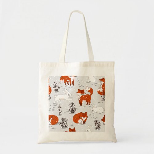 Winter Foxes Bunny Seamless Pattern Tote Bag