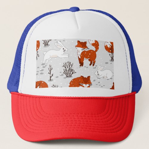 Winter Foxes Bunny Seamless Pattern Trucker Hat