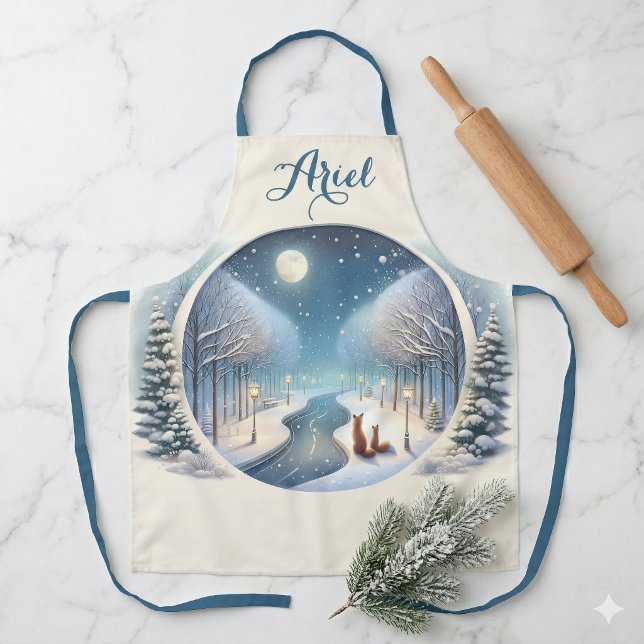 Winter Foxes by Moonlit Snowy River Apron (Winter Foxes by Moonlit Snowy River Apron)