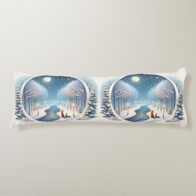 Winter Foxes by Moonlit Snowy River Body Pillow (Front)