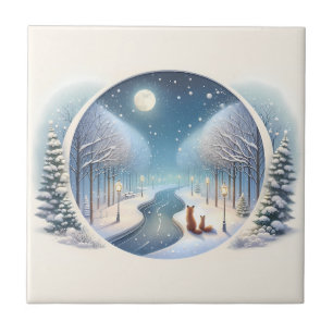 Winter Foxes by Moonlit Snowy River Ceramic Tile