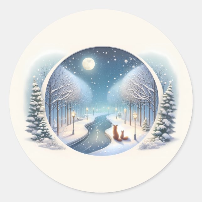 Winter Foxes by Moonlit Snowy River Classic Round Sticker (Front)
