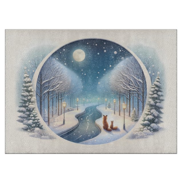 Winter Foxes by Moonlit Snowy River Cutting Board (Front)