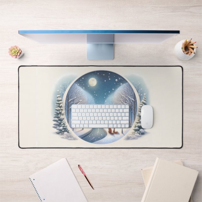 Winter Foxes by Moonlit Snowy River Desk Mat (Office 1)