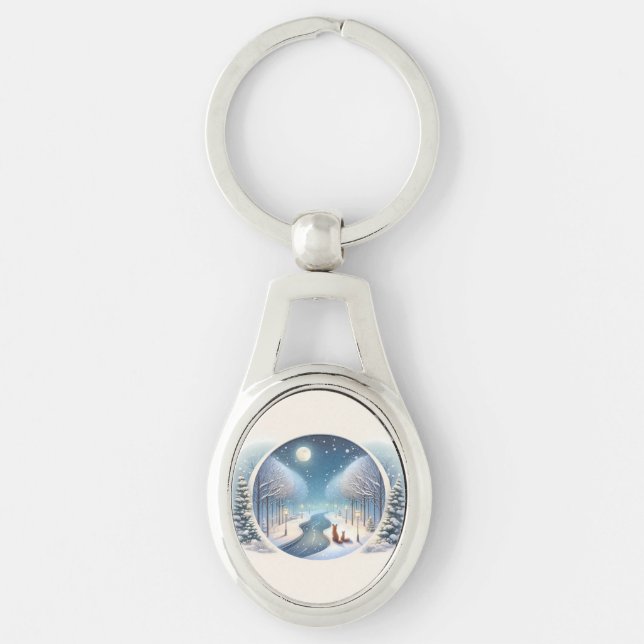 Winter Foxes by Moonlit Snowy River Keychain (Front)
