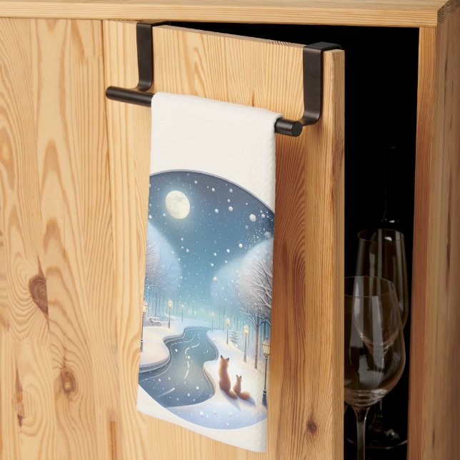 Winter Foxes by Moonlit Snowy River Kitchen Towel (Thirds Fold)