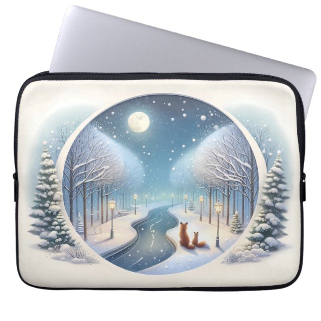Winter Foxes by Moonlit Snowy River Laptop Sleeve (Front)