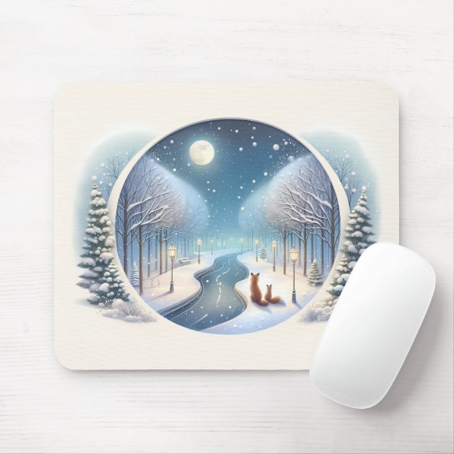 Winter Foxes by Moonlit Snowy River Mouse Pad (With Mouse)