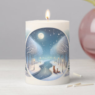 Winter Foxes by Moonlit Snowy River Pillar Candle