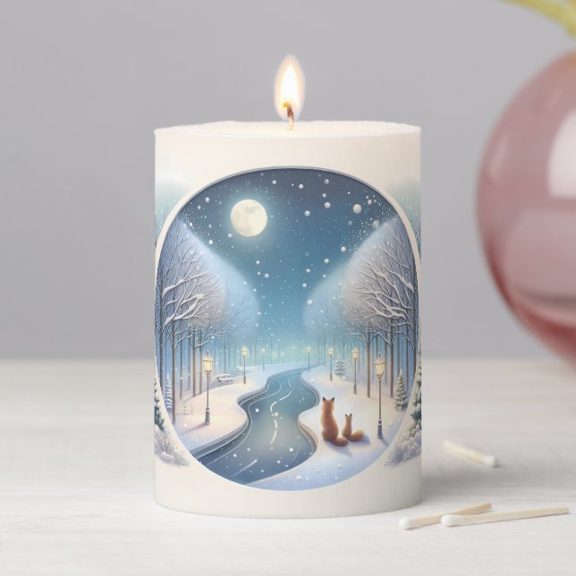 Winter Foxes by Moonlit Snowy River Pillar Candle (In Situ)