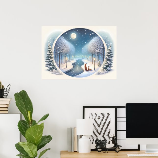 Winter Foxes by Moonlit Snowy River Poster (Home Office)