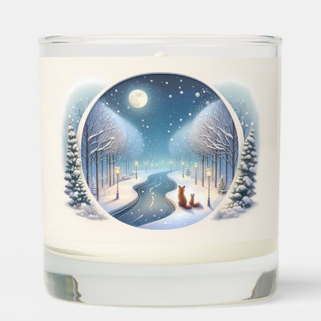 Winter Foxes by Moonlit Snowy River Scented Candle (Front)
