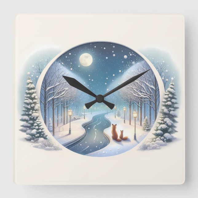 Winter Foxes by Moonlit Snowy River Square Wall Clock (Front)