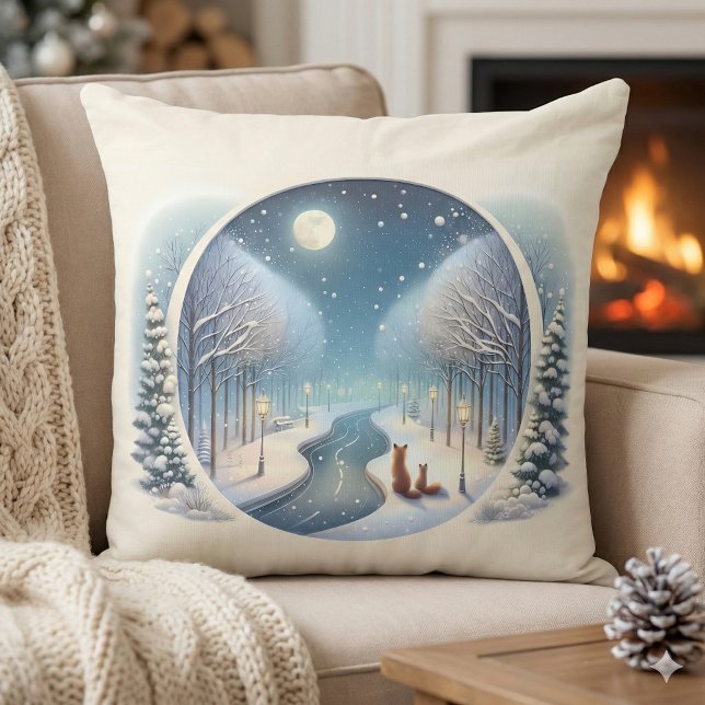 Winter Foxes by Moonlit Snowy River Throw Pillow (Winter Foxes by Moonlit Snowy River Throw Pillow Mockup A)