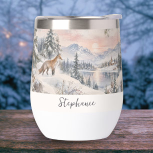 Winter Foxes Watercolor Christmas Snow Scene Thermal Wine Tumbler