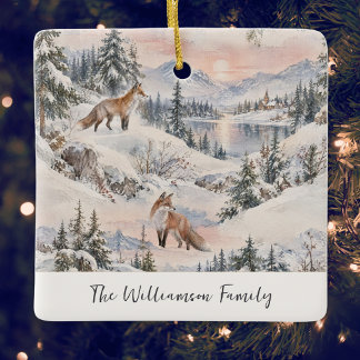 Winter Foxes Watercolor Personalized Christmas Ceramic Ornament