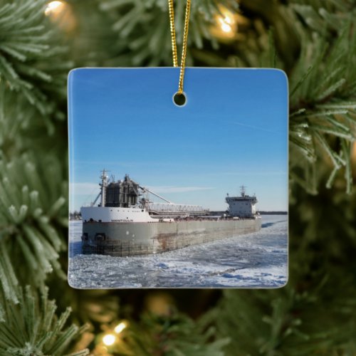 Winter Freighter Manitoulin Great Lakes Address Ceramic Ornament
