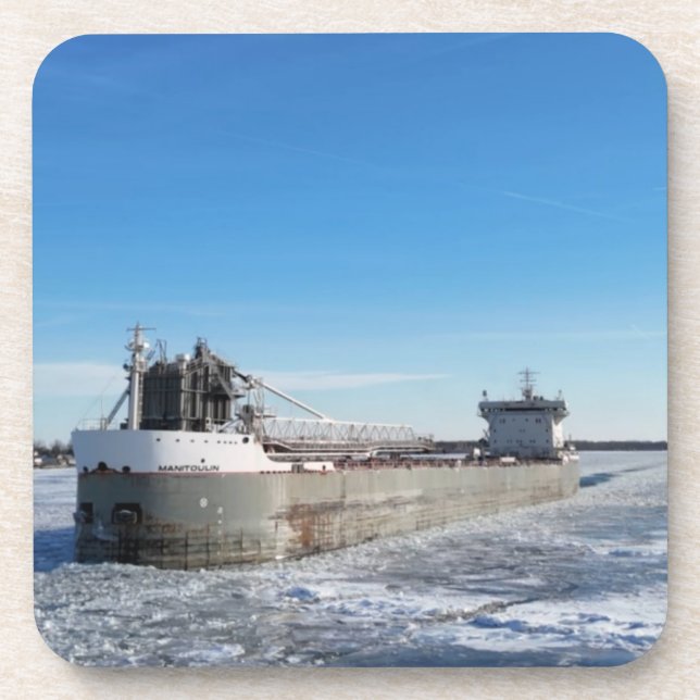 Winter Freighter Manitoulin Great Lakes Ship Beverage Coaster (Front)
