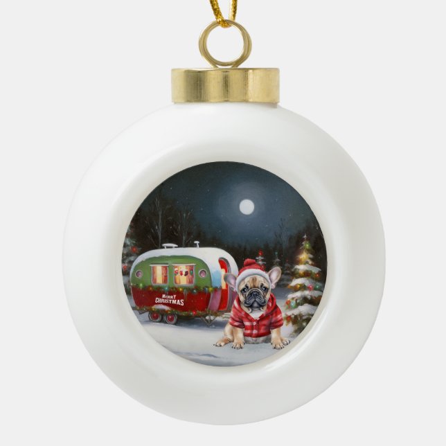 Winter French Bulldog Caravan Christmas Adventure  Ceramic Ball Christmas Ornament (Front)