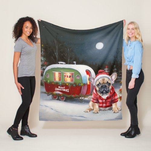 Winter French Bulldog Caravan Christmas Adventure  Fleece Blanket