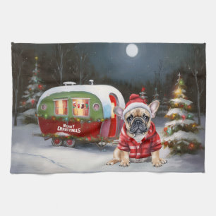 Winter French Bulldog Caravan Christmas Adventure Kitchen Towel
