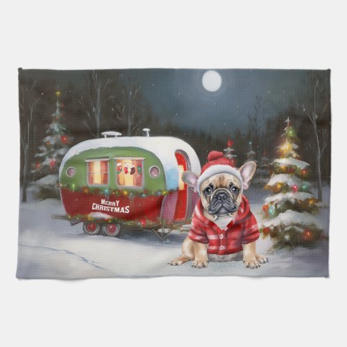 Winter French Bulldog Caravan Christmas Adventure  Kitchen Towel