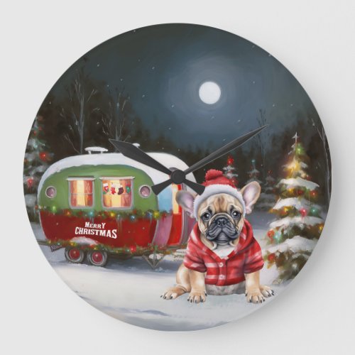 Winter French Bulldog Caravan Christmas Adventure  Large Clock