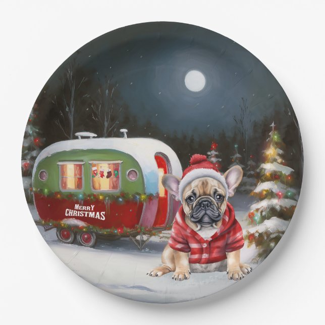Winter French Bulldog Caravan Christmas Adventure  Paper Plates (Front)