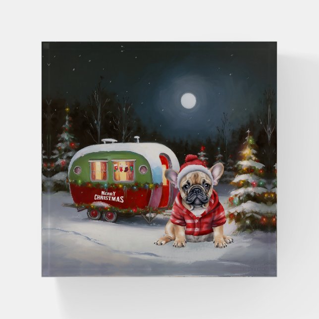 Winter French Bulldog Caravan Christmas Adventure  Paperweight (Front)