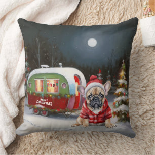 Winter French Bulldog Caravan Christmas Adventure  Throw Pillow